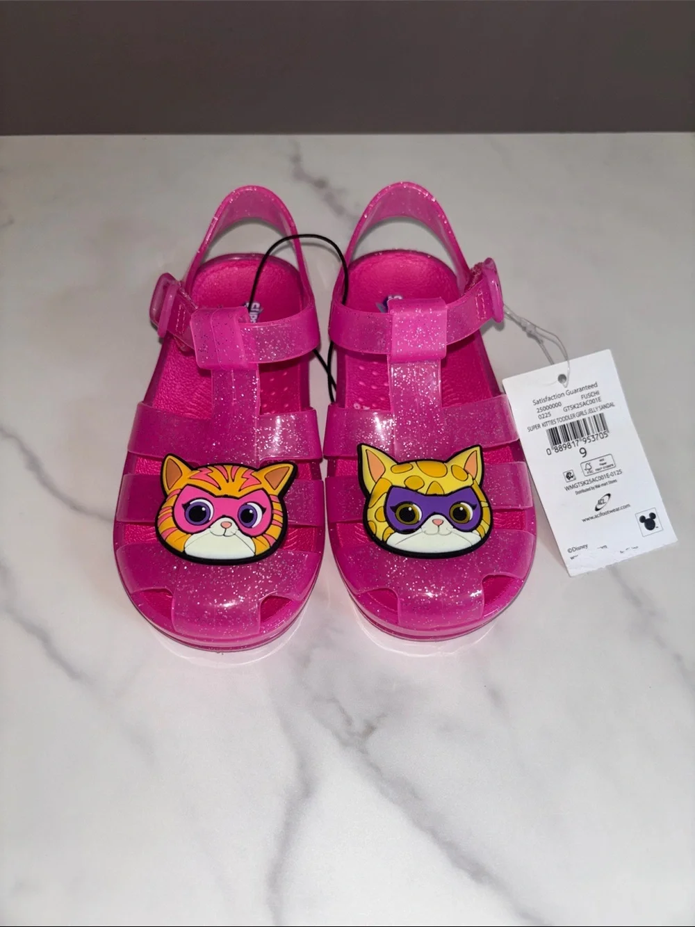 Disney Girls Super Kitty Glitter Hot Pink Jelly Sandals with Charms